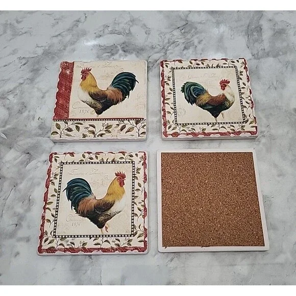 Rooster Chicken Metal Decor & Drink Coasters  Stoneware Country Farmhouse 3.75 - Picture 3 of 6